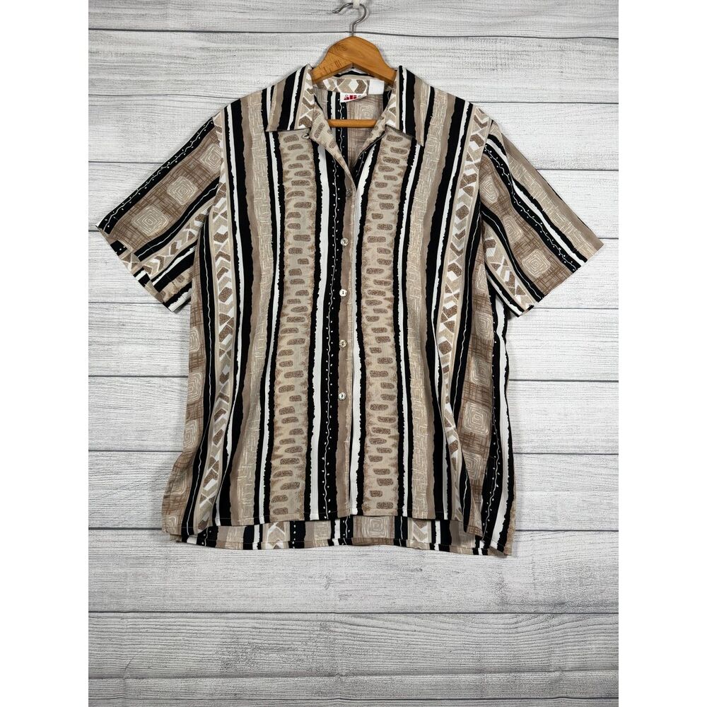 Alia Womens 12 Tan Black Geometric Stripe Short Sleeve Button Blouse 4170